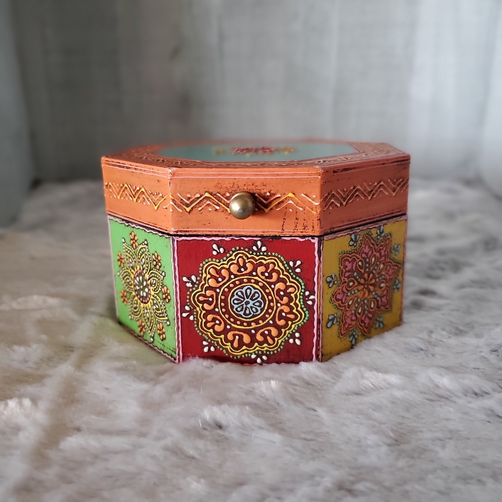 Handpainted Octagon Shaped Box in Brilliant Mandala Colored Designs on all Sides